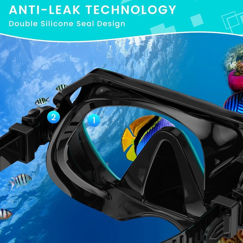 Jwintee Snorkeling Gear for Adults, Adult Snorkel Mask Set Scuba Diving Dry-Top, Swimming Goggles w/Nose Cover, HD Tempered Glass Panoramic Anti-Leak Anti-Fog, Travel Snorkeling Packages Storage Bag, 2 Pack - Image 3